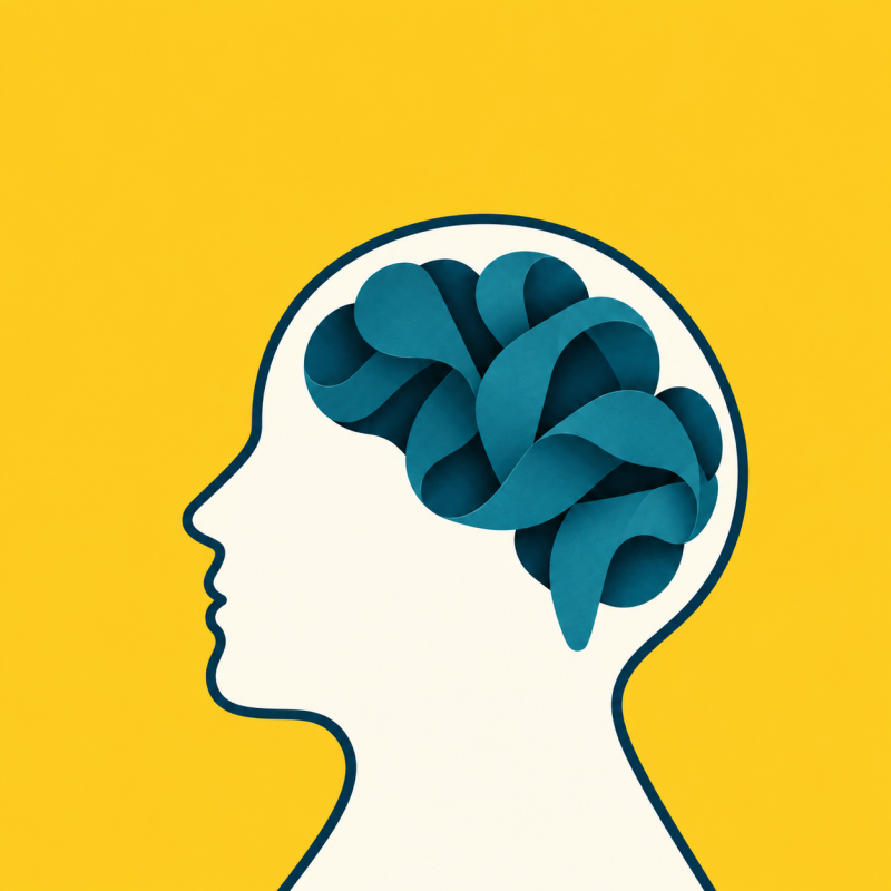 Ivory profile with a folded teal brain, expressing imagination and fresh ideas